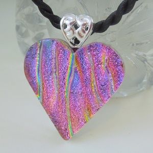 Dichroic fused glass heart pendant necklace 4284